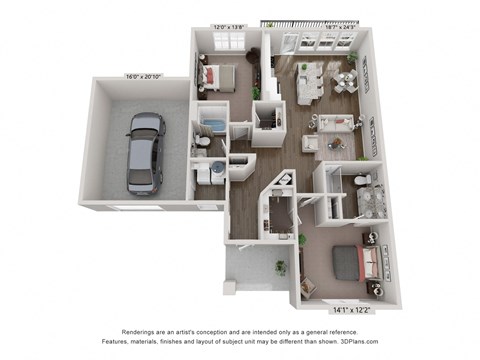 Floor plan for 2 beds, 2 baths, 1239 sqft